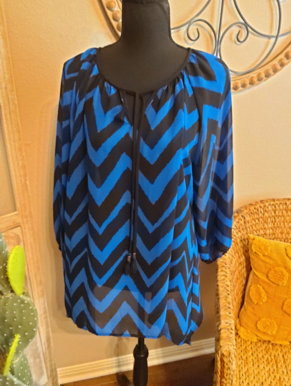 Roz & Ali Blue and Black Chevron Peasant Blouse - Women Tops